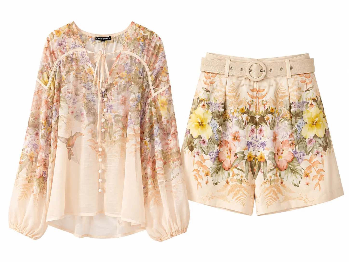Botanical Print Blouse & Tailored Shorts Set